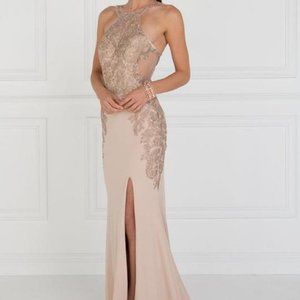 Jeweled Gilt Lace High Halter Gown